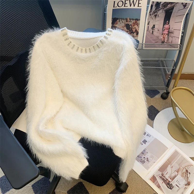 

Women Soft Warm Wool Cashmere Knit Pullover Diamond O-Neck Mink Mohair Sweater Spring Autumn Loose Knitwears Female Jumper X433