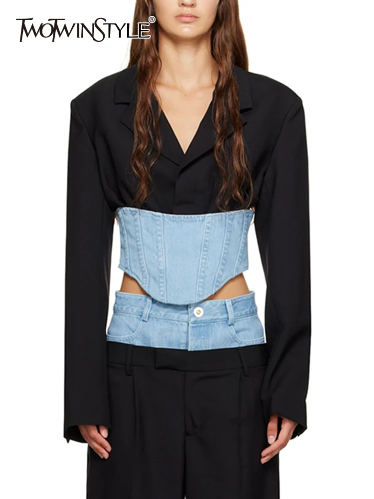 TWOTWINSTYLE Colorblock Patchwork Denim Blazers For Women Notched Collar Long Sleeve Spliced Zipper Designer Bazer Female New
TWOTWINSTYLE Colorblock Patchwork Denim Blazers For Women Notched Collar Long Sleeve Spliced Zipper Designer Bazer Female New