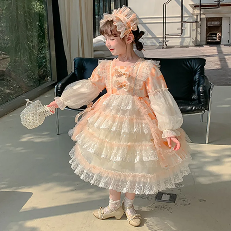 

In Stock Toddler Girl Lolita Dress Sweet Knotbow Lace Tulle Children Princess Dress Spliced Cake Baby Girl Vestido Gauze Hairnet
