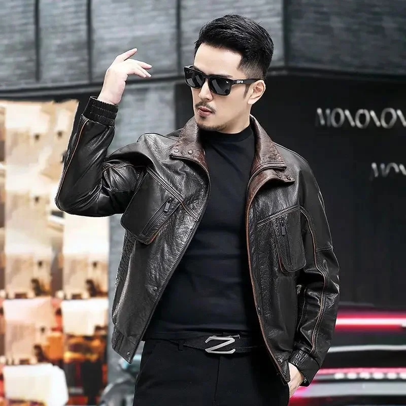 

Men's Genuine Leather Jacket Man sheepskin Lapel Slim Fitting Motorcycle Male Handsome Trendy Short Coat