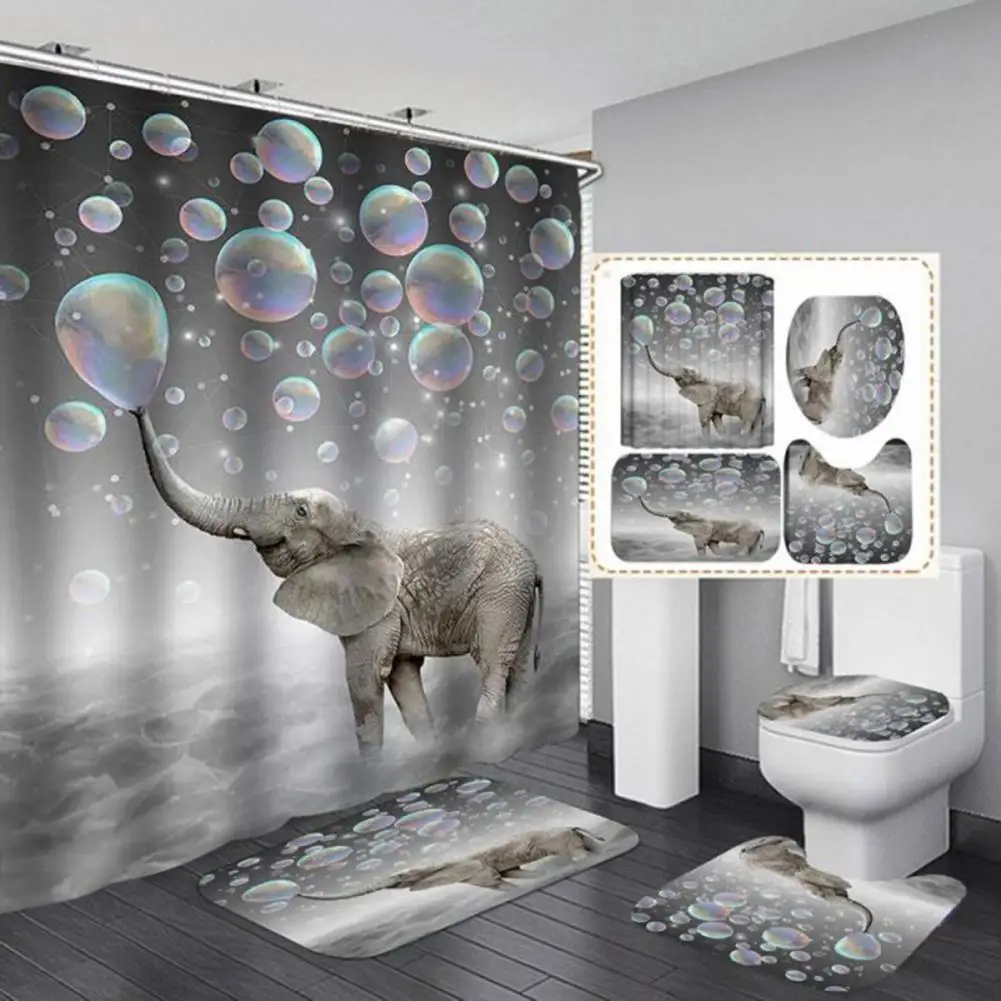 

Easy to Install Shower Curtain Set Colorful Bubble Elephant Bathroom Set Shower Curtain Toilet Lid Mat U-shaped Rug for Bathroom