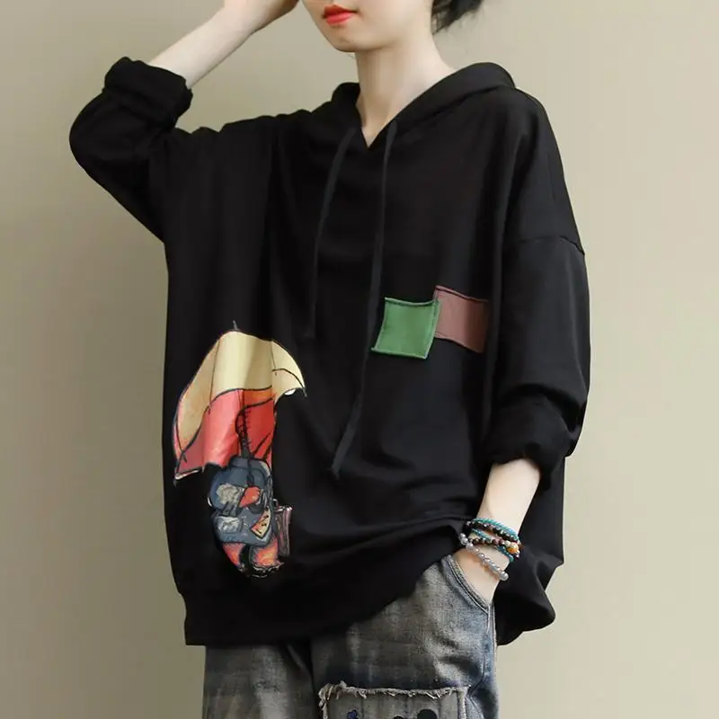 

Повседневная Женская футболка с капюшоном с мультяшным принтом, весна-осень 2023, корейский Свободный свитшот с длинным рукавом и соединением, женская одежда