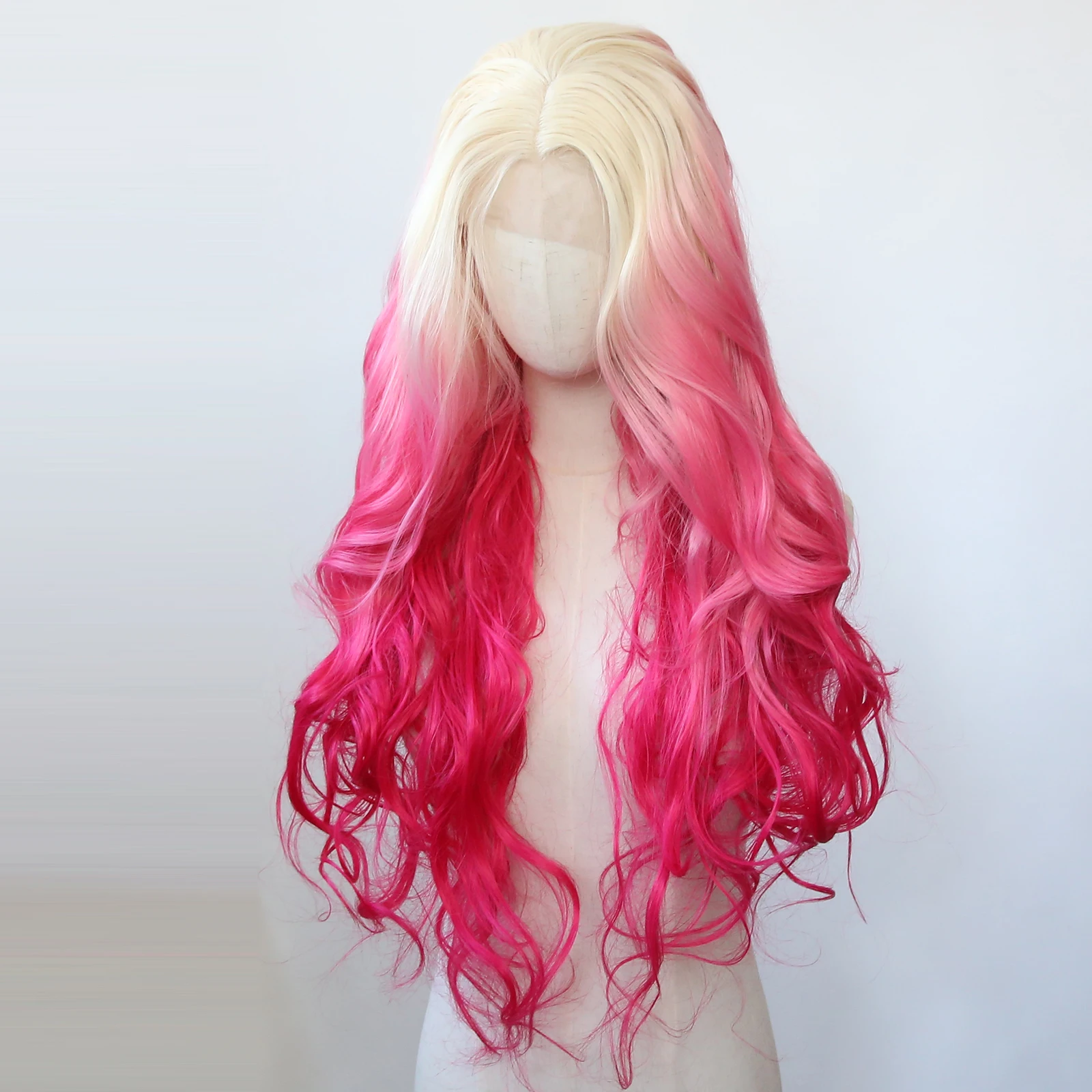 

Platinum Blonde Ombre Pink Synthetic Lace Front Wig Long Wavy Lace Front Synthetic Wig Pre Plucked Heat Resistant Fiber Hair