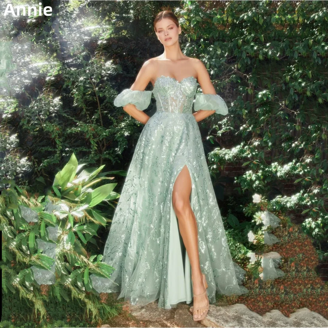 

Annie Strapless Slit Prom Dresses Green Shiny Party Dresses Sweetheart A-line 2023 Vestidos De Noche فساتين للحفلات الراقصة