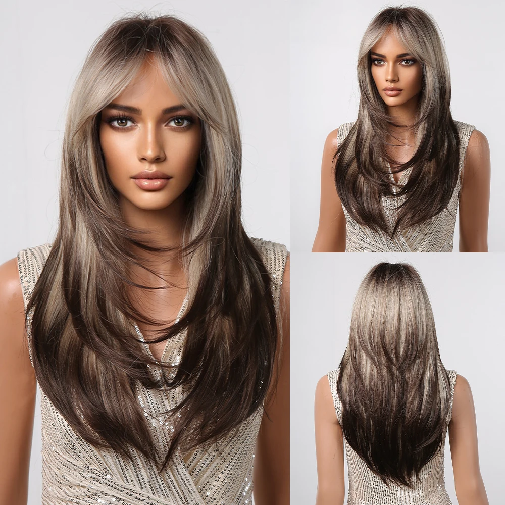 

Long Layered Straight Wigs with Bangs Ombre Grey Brown Highlight Synthetic Wigs for Women Daily Use Party Heat Resistant Fiber