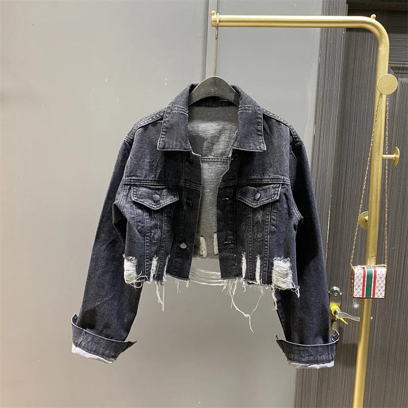 

Retro Black Hole Short Cowboy Outwear Female Clothing Spring Autumn Loose Harajuku Single-breasted Denim Jacket Women Chaquetas