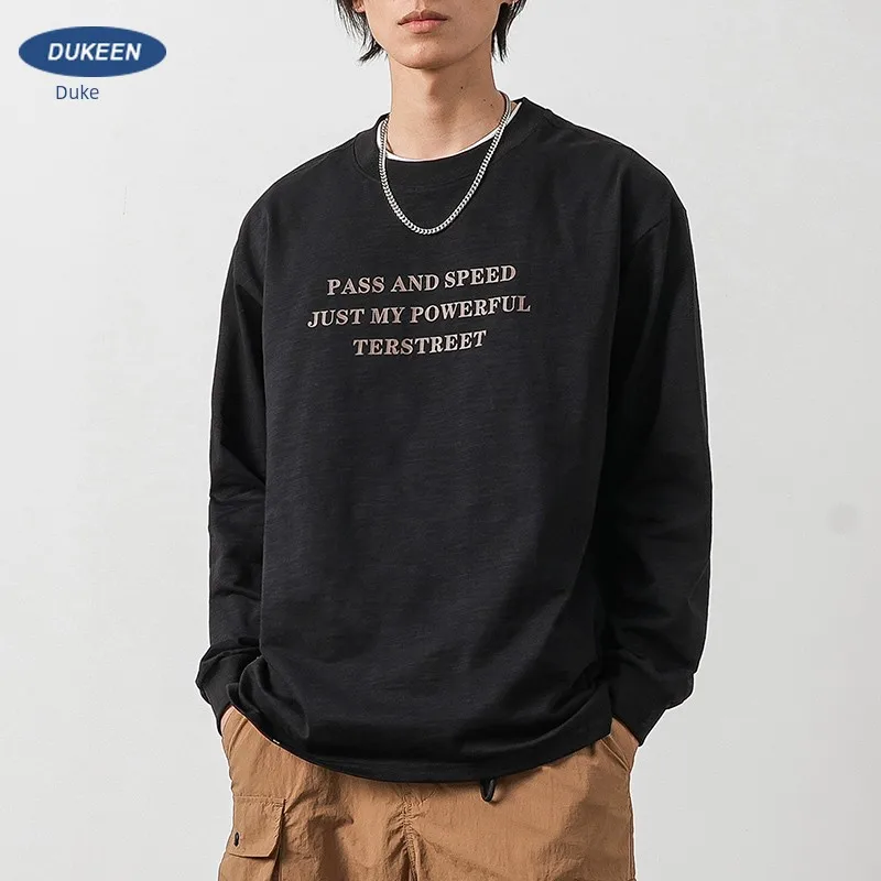 

EN American Bamboo Joint Long Sleeved Shoulder Drop T-shirt For Men's Spring And Autumn Pure Cotton Letter Printing Loose Bottom