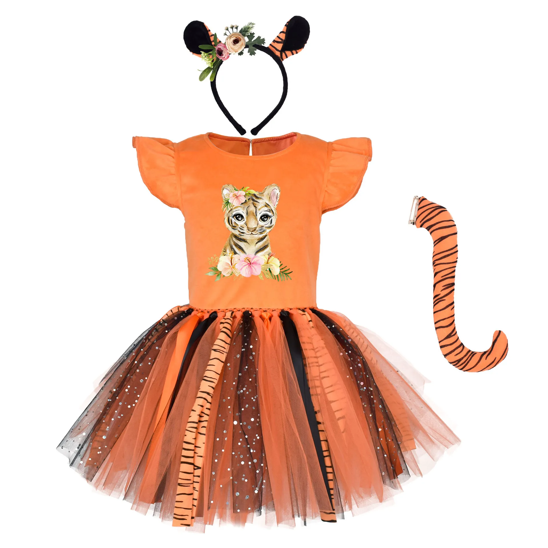 

Children Tiger Print Tutu Dress Girls Birthday Party Halloween Animal Cosplay Costumes
