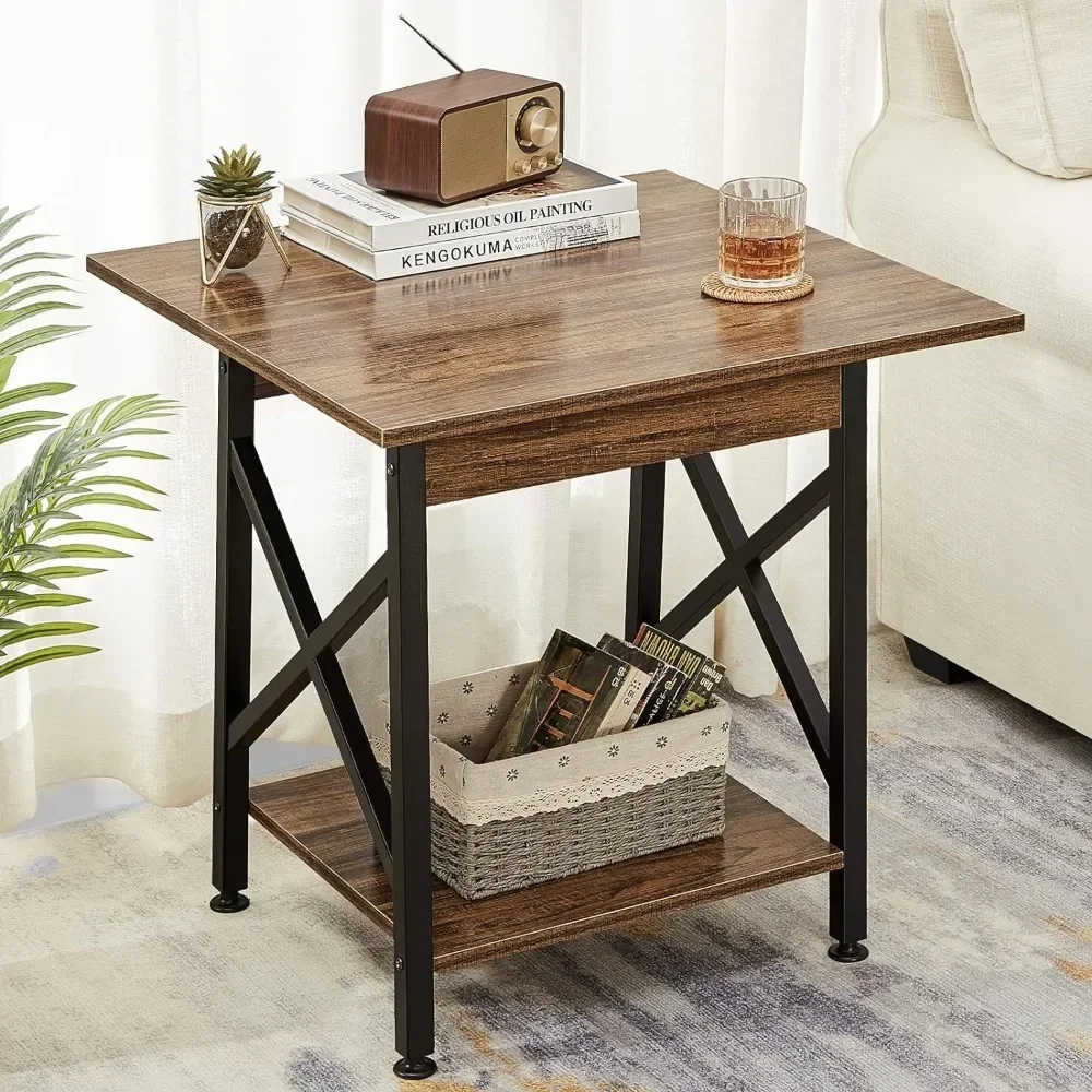 

2024 New End Table 24 inch Industrial Design Large Side Table with Storage Shelf for Living Room, Easy Assembly, Rustic Walnut