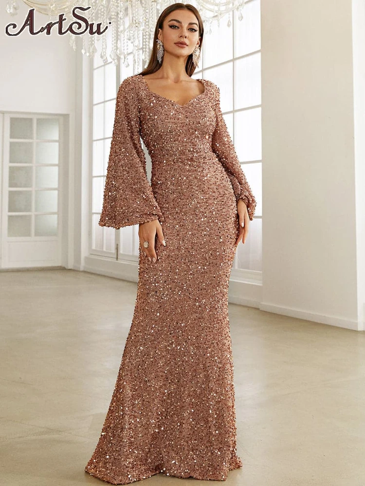 Flared Sleeves Sequin Evening Dress Women V Neck Bodycon Maxi Dresses Vintage Fashion Party Clubwear New in Elegant Vestidos
Flared Sleeves Sequin Evening Dress Women V Neck Bodycon Maxi Dresses Vintage Fashion Party Clubwear New in Elegant Vestidos