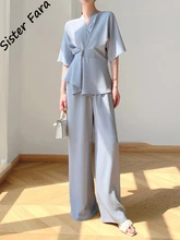 Sister Fara Summer V Neck Disc Buckle Shirt Set Women 2 Pieces+Elastic Waist Wide Leg Pants Elegant Ladies Casual Two Piece Set
Sister Fara Summer V Neck Disc Buckle Shirt Set Women 2 Pieces+Elastic Waist Wide Leg Pants Elegant Ladies Casual Two Piece Set