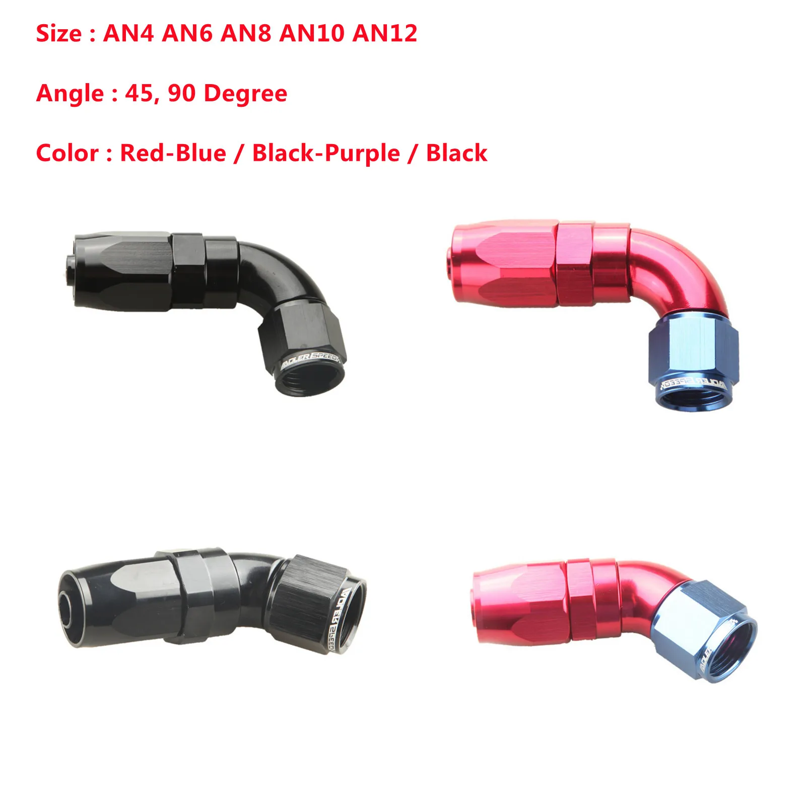 

AN4 AN6 AN8 AN10 AN12 45/90 Degree Aluminum Full Flow Swivel Fitting Hose End Black,Red/Blue