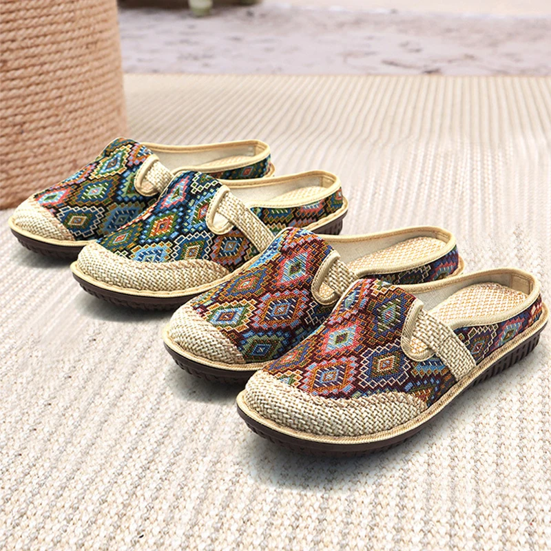 

Linen Wedge Cloth Shoes Soft Sole Walking Elderly Sandal Ladies Slip-on Muller Women Slipper Ethnic Embroidery Summer Flat Shoe