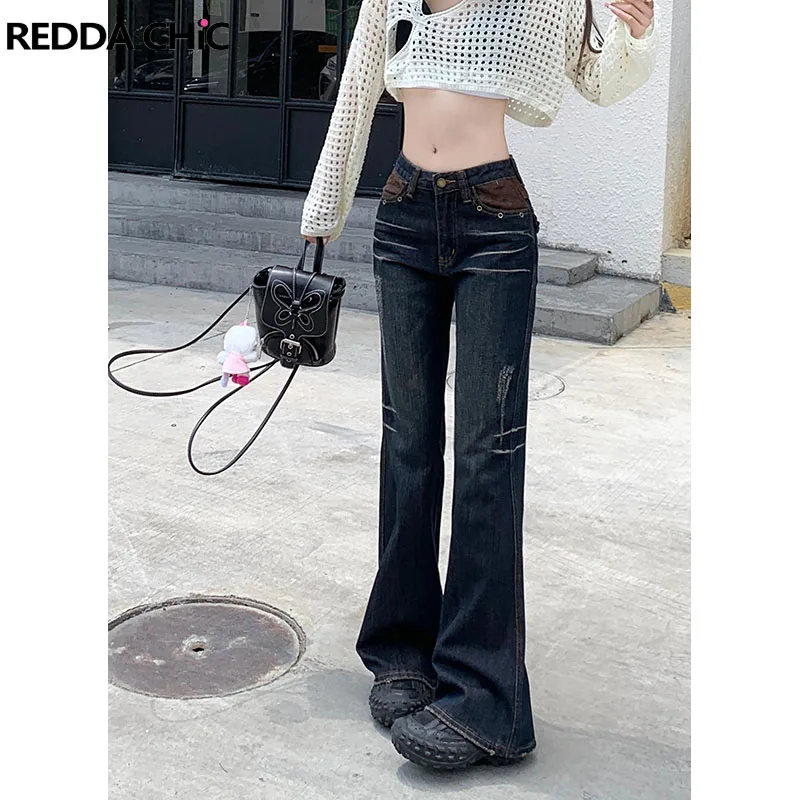 

ReddaChic Cowgirl Splicing Flare Jeans Vintage Blue Denim Bell Bottoms Grunge Y2k Bootcut Pants 90s Retro Harajuku Streetwear