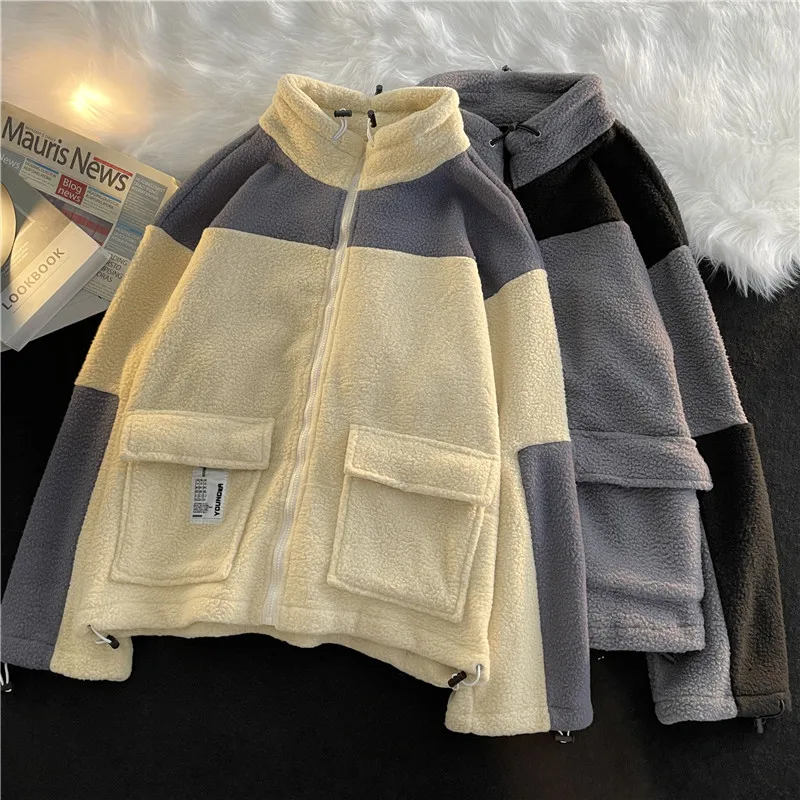 

Men & Women Couples Casual Loose Fleece Outerwear Contrast Color Patchwork Stand Collar Chic Cardigans Lambswool Sweatshirts