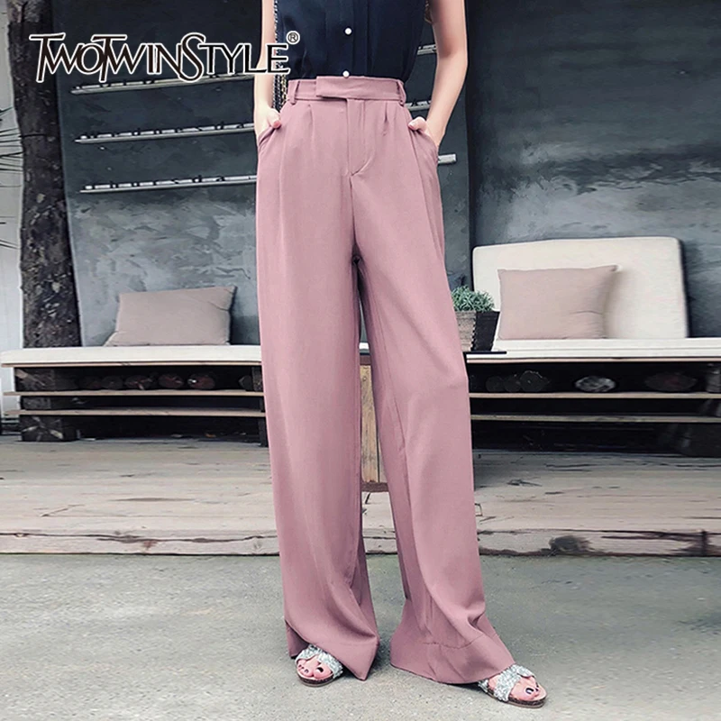 

TWOTWINSTYLE Solid Casual Spliced Folds Pant For Women High Waist Patchwork Pocket Loose Minimalist Wide Leg Pants Female Style