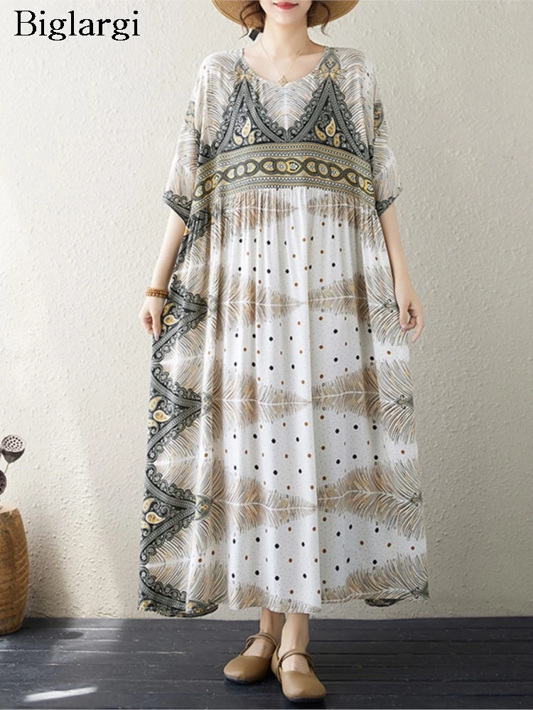 Женское платье с V-образным вырезом, свободное плиссированное платье большого размера с принтом в богемном стиле, лето 
Женское платье с V-образным вырезом, свободное плиссированное платье большого размера с принтом в богемном стиле, лето