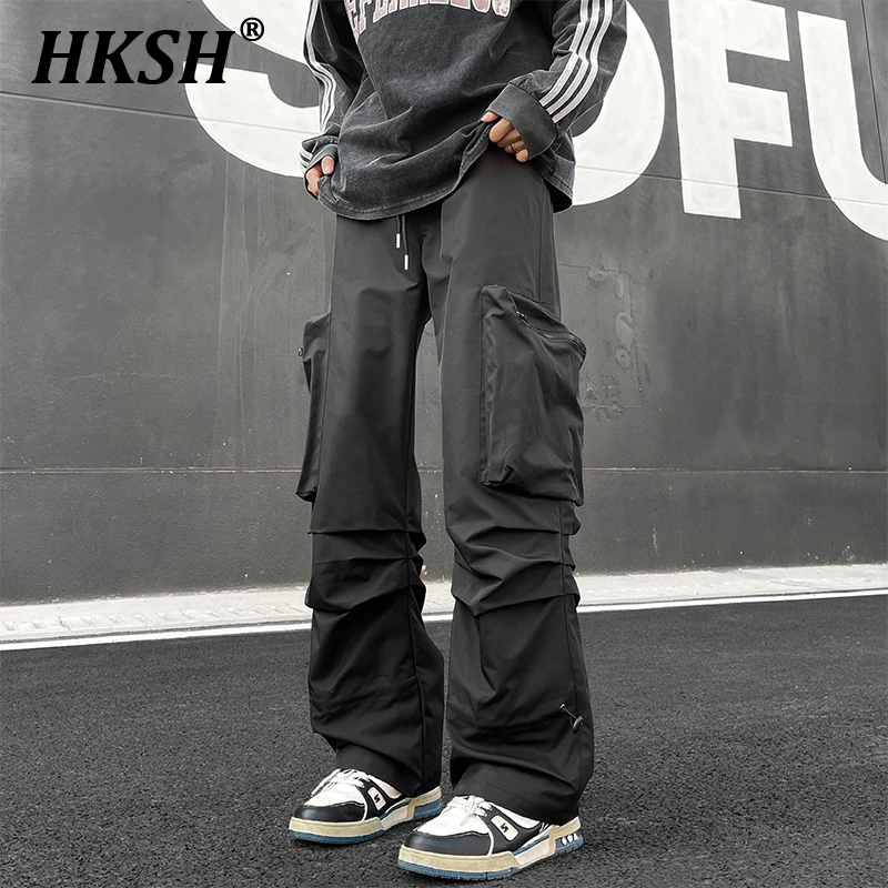 

HKSH Men's Tide Dark Straight Multi Pockets Workwear Overalls Spring Summer New American Vintage Fashion Chic Cargo Pants HK0523