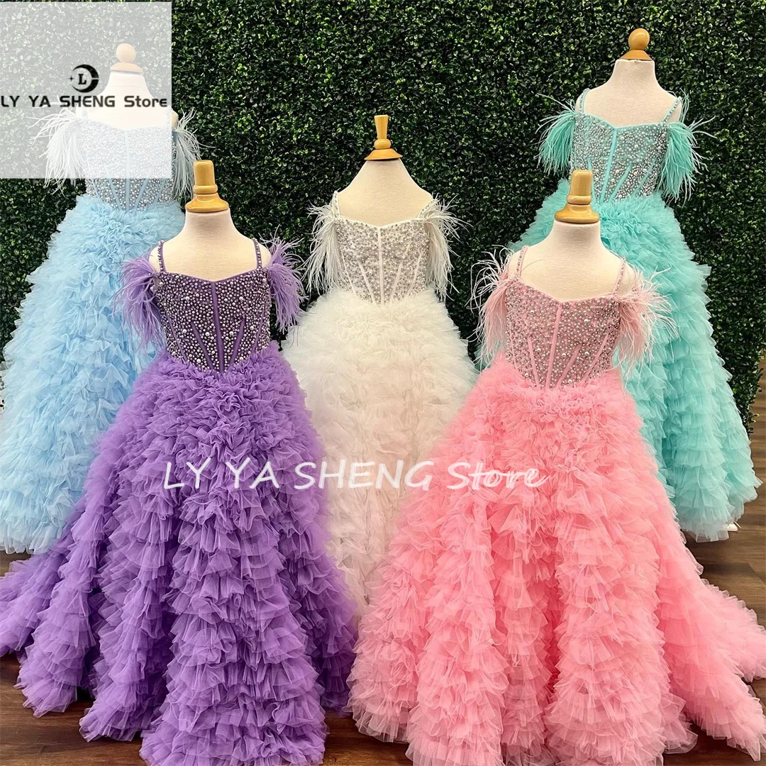 

Ruffles Candy Color Girl Pageant Dress Feather Crystals Pearls Little Kid Birthday Formal Party Gown Infant Toddler Teens Tiny Y