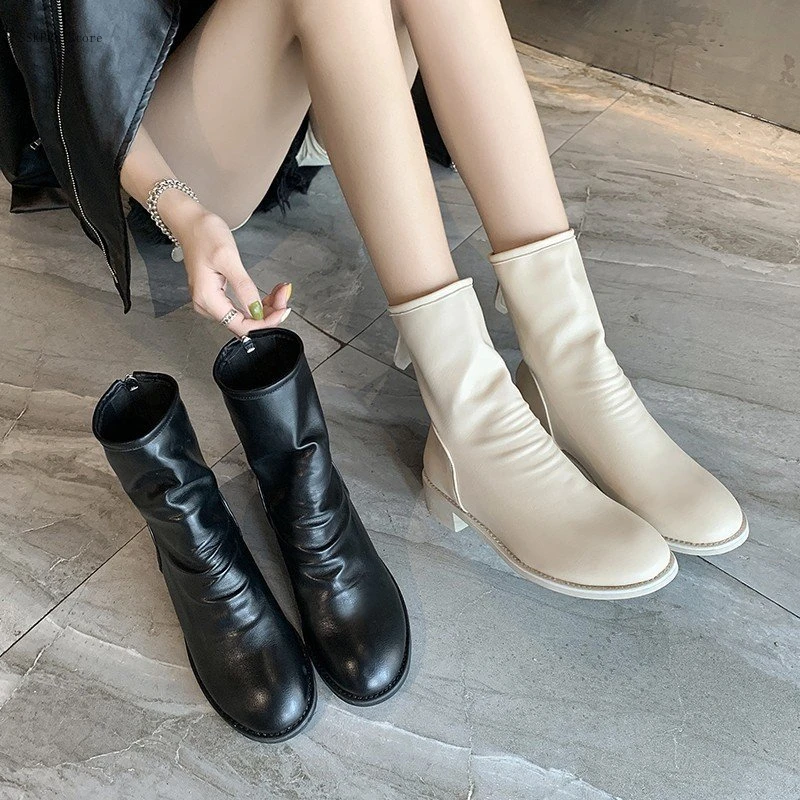 

Short Boots Women 2022 Autumn and Winter short Boots Women British Style Mid-tube Folds Comfortable Leather Boots Ladies