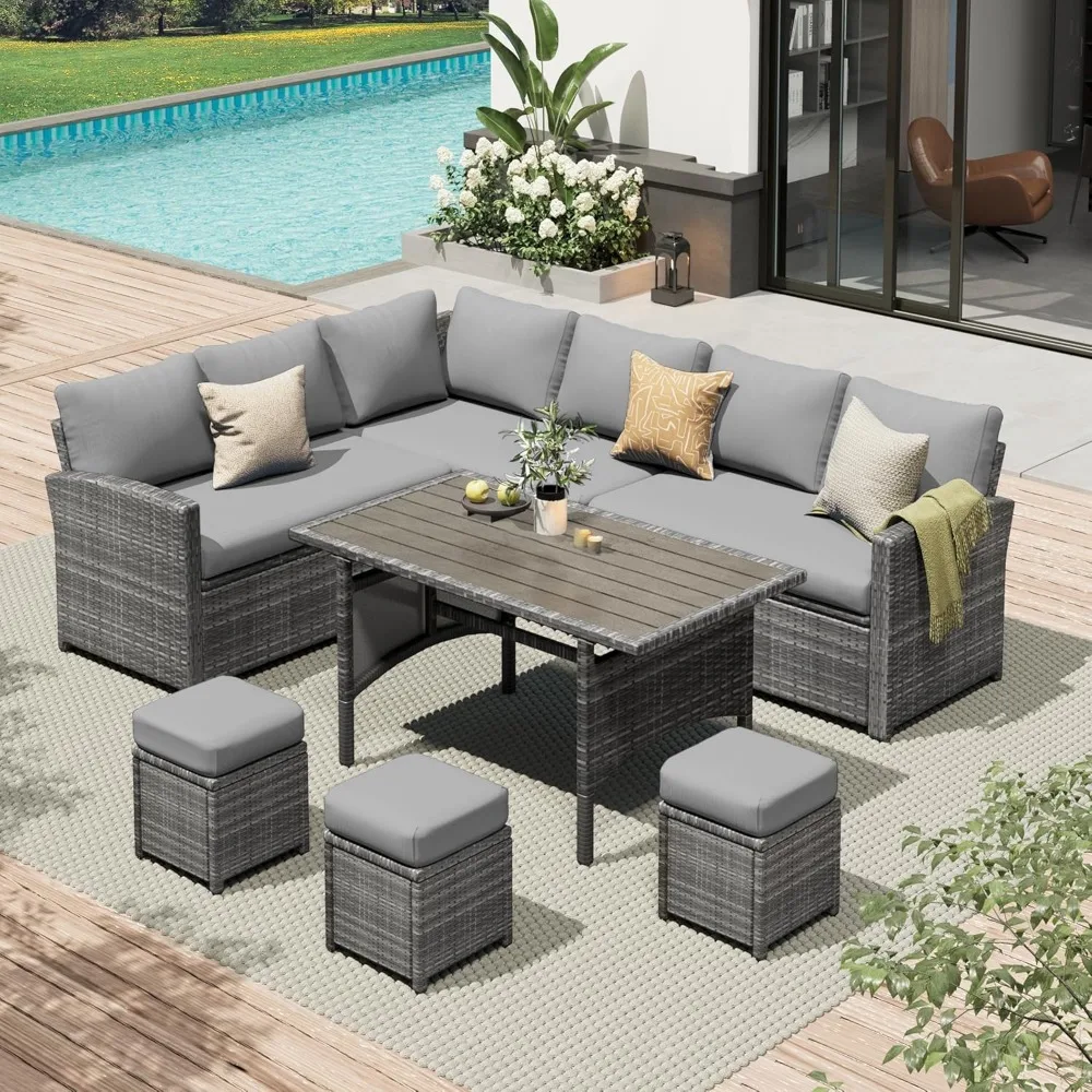 Patio Furniture Set, 7 Pieces Outdoor Patio Furniture with Dining Table&Chair, All Weather Wicker Conversation Set with Ottoman Patio Furniture Set, 7 Pieces Outdoor Patio Furniture with Dining Table&Chair, All Weather Wicker Conversation Set with Ottoman