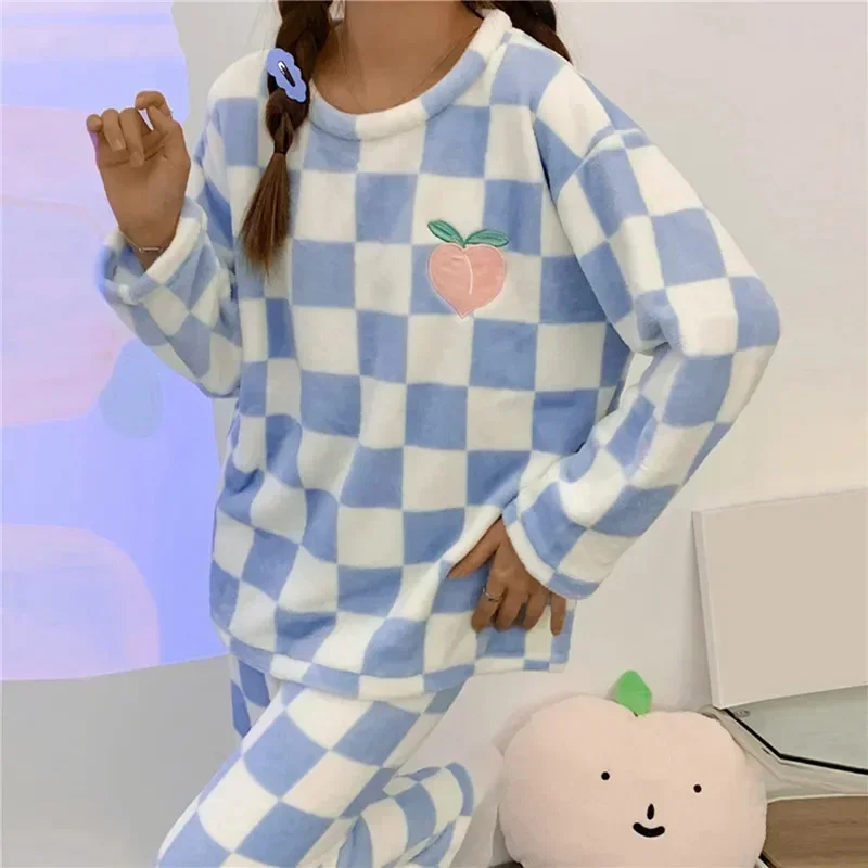 

Winter Pyjamas Night Women Suits Mujer Plaid Pajama PJ Girl Autumn Pijama Loung Sets Homewear Cartoon Sleepwear Kawaii Flannel