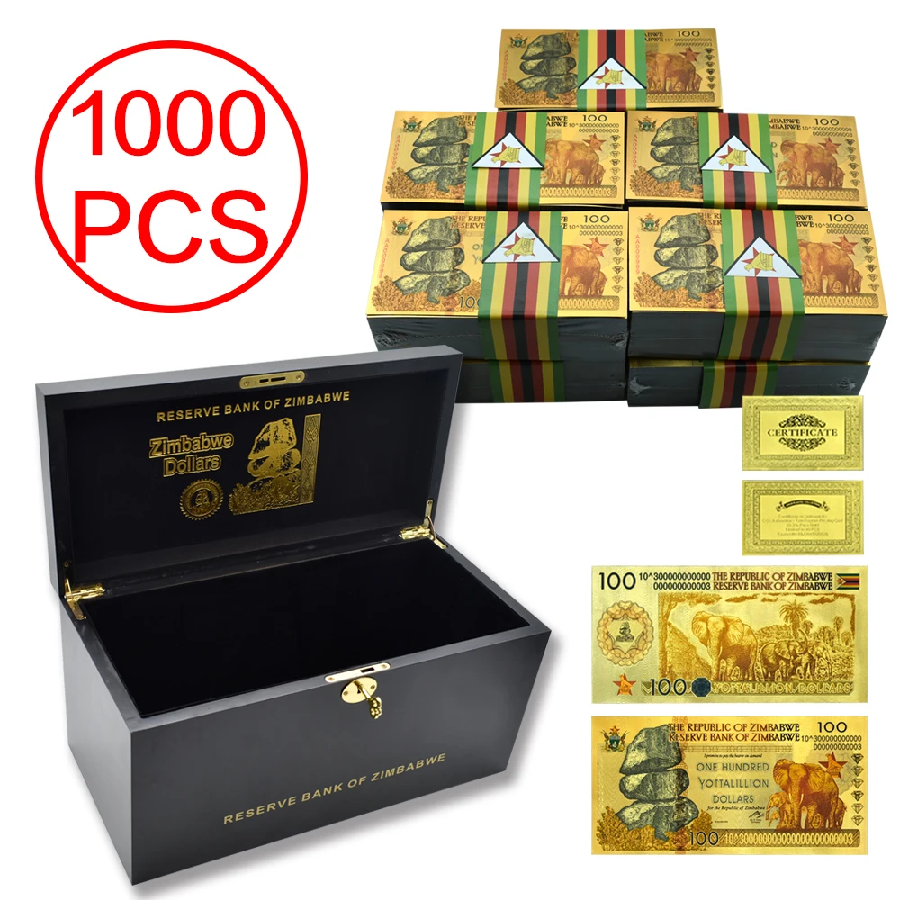 1000pcs/box One Hundred Yottalillion Dollars Zimbabwe Gold Foil Banknotes Uncurrency Banknotes Artworks Business Souvenirs
1000pcs/box One Hundred Yottalillion Dollars Zimbabwe Gold Foil Banknotes Uncurrency Banknotes Artworks Business Souvenirs
