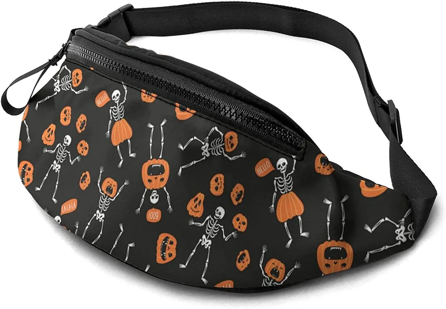 

Casual Fanny Pack for Men Women Pumpkin Halloween Skeletons Waist Bag Pack with Adjustable Belt for Travel Sports Running