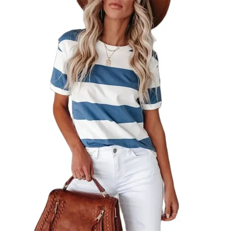 

2024 Summer New Blue White Stripe T-Shirt Women Comfortable Commuter Casual Loose Tops Female O Neck Pullover Short Sleeve Tees
