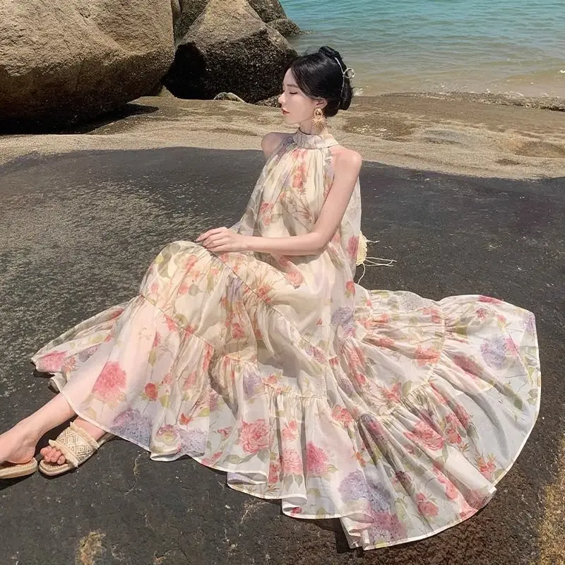 Korea Dress Summer Print Pleated Halter Sleeveless Loose Hem A-Line Beach Holiday Style Party Dresses Off Shoulder French Casual
Korea Dress Summer Print Pleated Halter Sleeveless Loose Hem A-Line Beach Holiday Style Party Dresses Off Shoulder French Casual