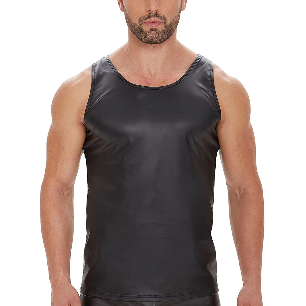

Sexy Men Leather Night Clubwear Vest Bodybuilding Gym Fitness Tanks Top Man Sleeveless Soft Faux Leather Muscle Vest Tank Tops