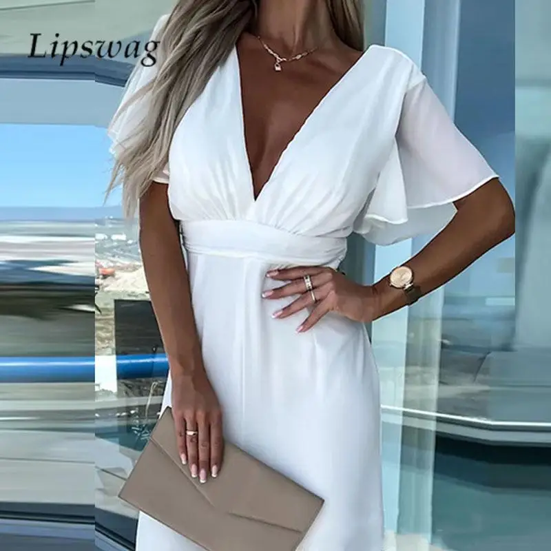 

Elegant High Waist Office Commuter Romper Fashion V Neck Solid Color Wide Leg Pants Playsuit Summer Lady Flared Sleeve Jumpsuit