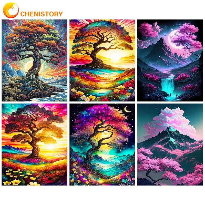

CHENISTORY Acrylic Painting By Numbers Handmade Paint Kit Colorful Tree Snow Mountain For Adult Kids Coloring By Number Diy Gift