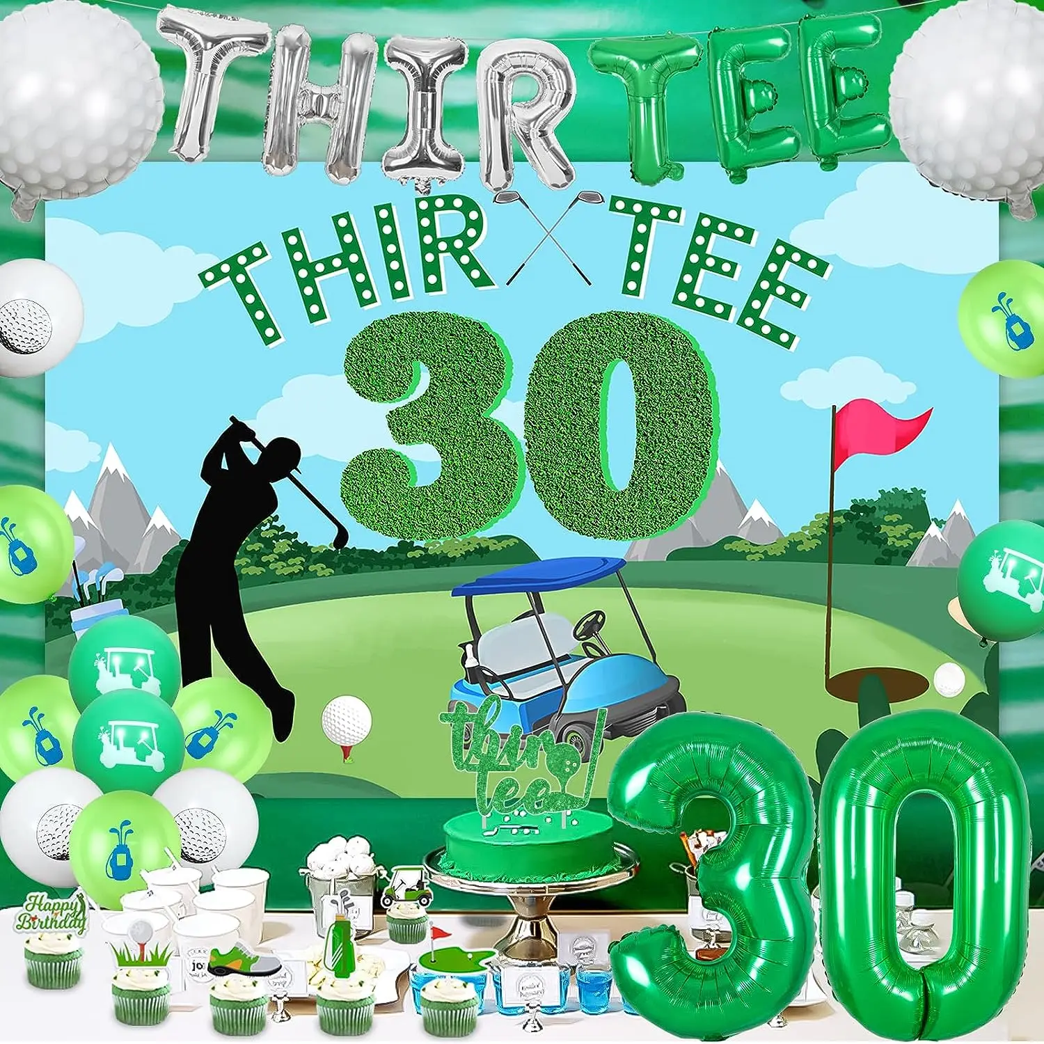 

Golf Birthday Party Decorations, Green Thir Tee Backdrop, Balloon Banner, Cake Topper, Golfer Sports Supplies, 30 Years, 30th, 4