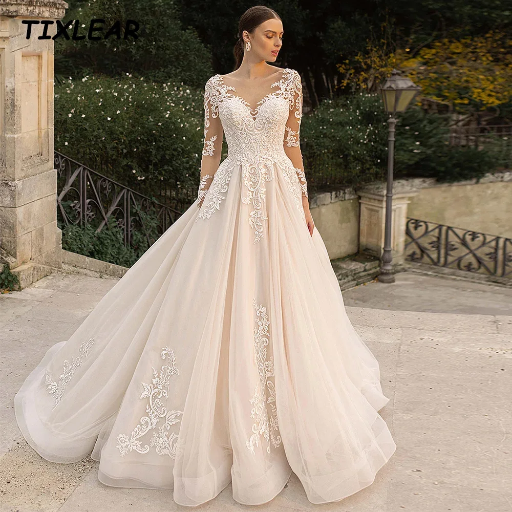 

Женское свадебное платье с круглым вырезом Tixlear, элегантное ТРАПЕЦИЕВИДНОЕ кружевное платье с пуговицами, длиной до пола, свадебное платье