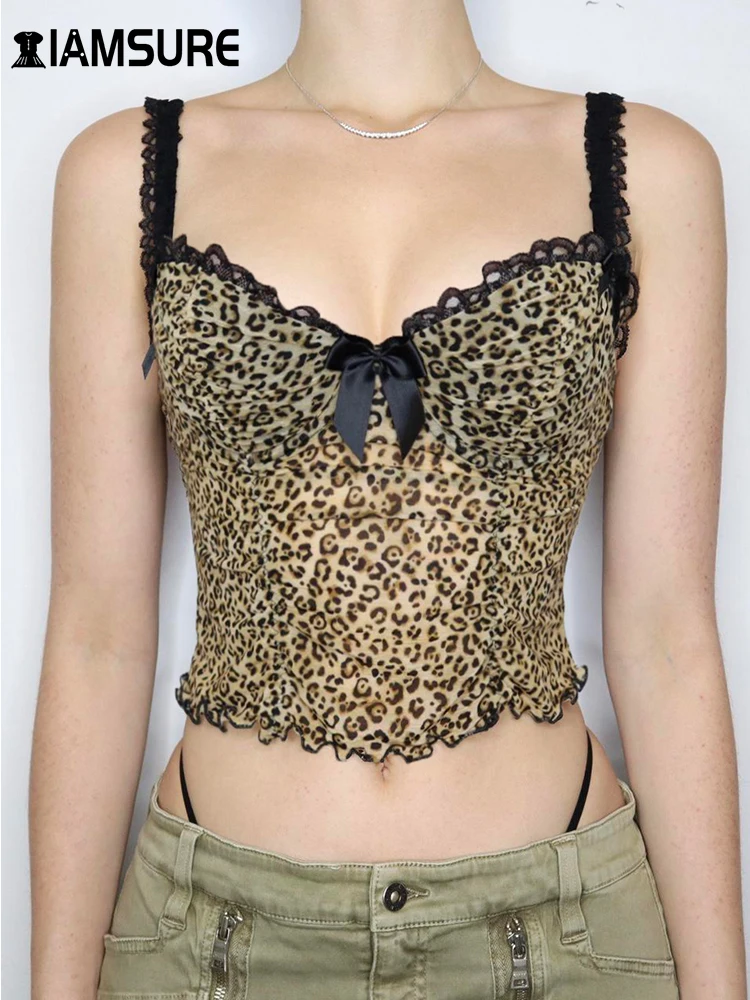 

IAMSURE Holiday Sexy Leopard Printed Mesh Camis Top See Through Slim Lace Trim Slash Neck Sleeveless Tank Tops Women 2023 Summer