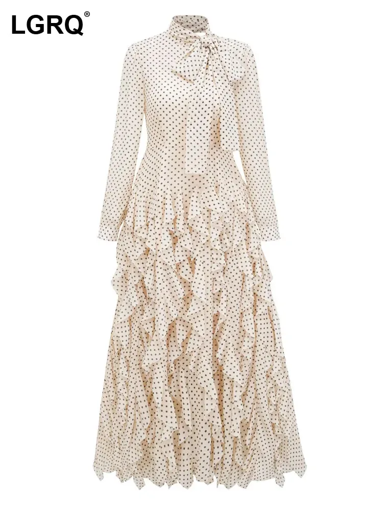 

LGRQ Women's Polka Dot Dress Fashion Bow Design Long Sleeves Irregular A-line High Waist Evening Dresses Female 2024 New 19ZZ40
