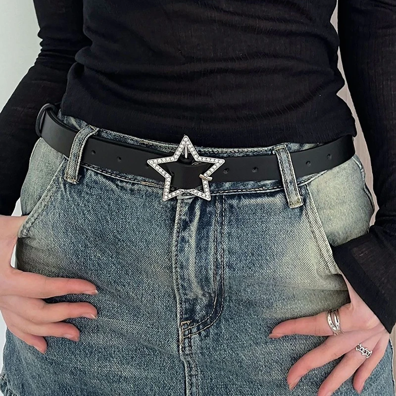 

Star Buckle Belt Pentagram Leather Elastic Binding Embellished Waistband Sparkling Rhinestone Retro Decoration Pants Accessories