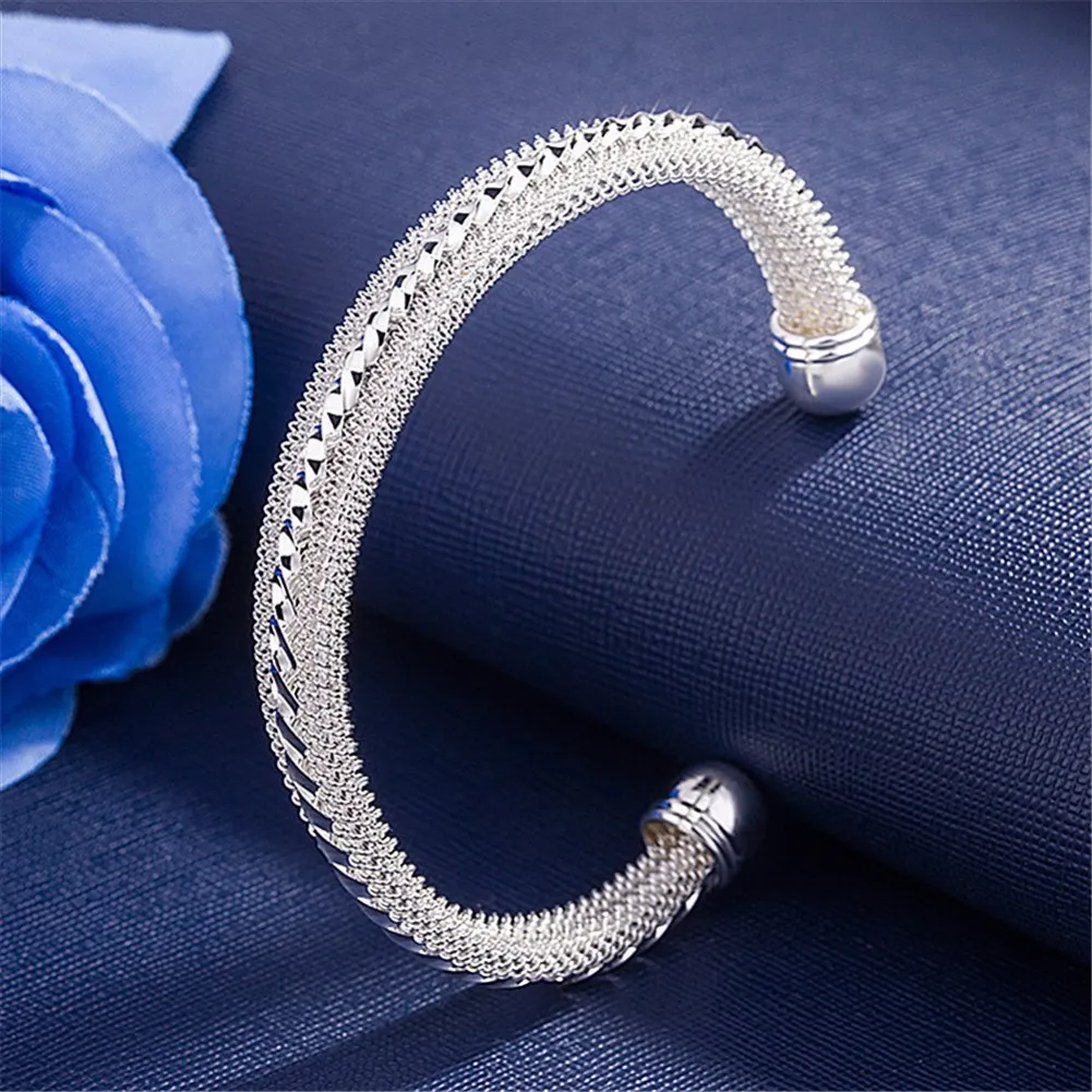 

Hot Charm 925 Color Silver Fine Net Bangle Cuff Bracelets for Women Adjustable Fashion Wedding Party Christmas Gifts Jewelry
