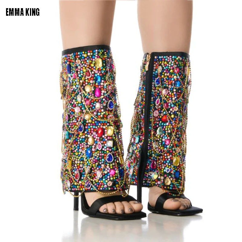 

Fashion Women Rhinestone Boots for Women's Peep Toe Thin Heels Shoes Elegant Ladies Knee-High Botas Mujer Crystal Pants Botas