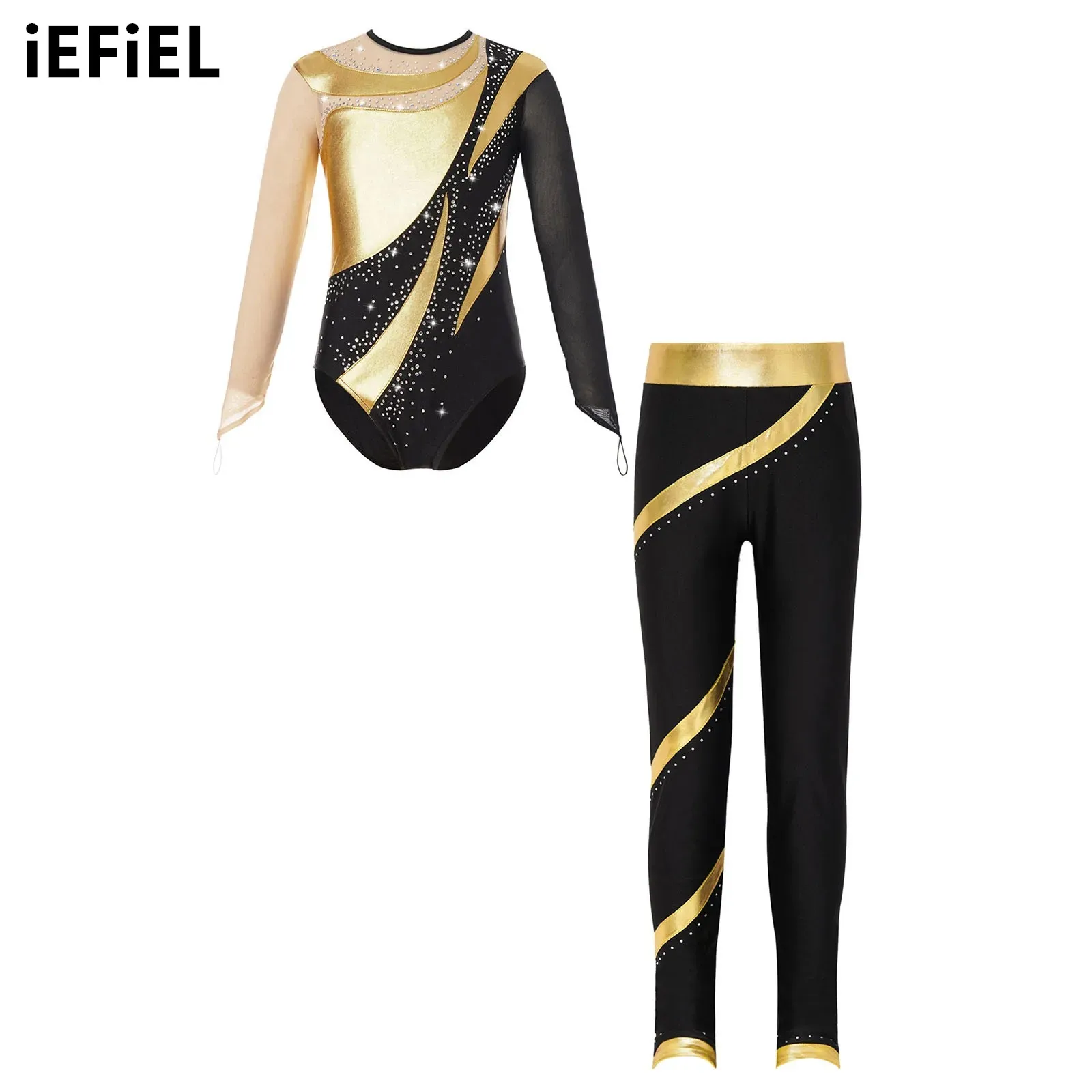 

Kids Girls Shiny Rhinestones Dance Set Long Sleeve Cutout Back Leotard with Elastic Waistband Pants for Skating Gymnastics