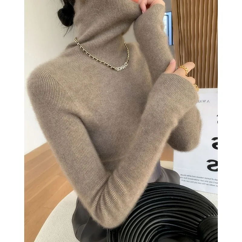 

2024 Spring Autumn Winter Temperament Pile Neck Knitwear Women Undershirt Slim Pullover Turtleneck Sweater Tops Knitted Sweater