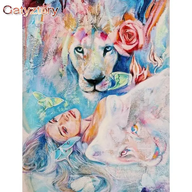 

GATYZTORY 40x50cm Oil Painting By Numbers Lion And Women DIY Gift Paint By Numbers On Canvas Home Decor Calligraphy Painting