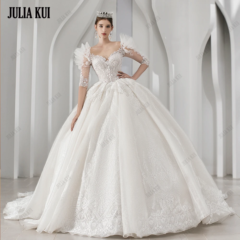 

Julia Kui Robe De Mariage Elegant Illusion Sweetheart Ball Gown Wedding Dress Beading Embroidery Lace Half Sleeves Bridal Dress