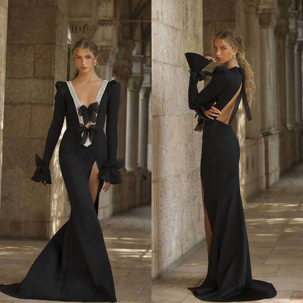 Sexy Mermaid Evening Dresses Beaded Bowknot V Neck Long Sleeve Prom Gowns High Split Backless Formal Dresses Vestidos De Noche
Sexy Mermaid Evening Dresses Beaded Bowknot V Neck Long Sleeve Prom Gowns High Split Backless Formal Dresses Vestidos De Noche