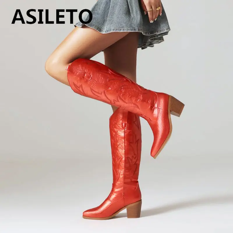 

ASILETO Fashion Women Western Boots Pointed Toe Block Heel 6.5cm Slip On Embroider Big Size 42 43 Retro Leisure Knee High Bota