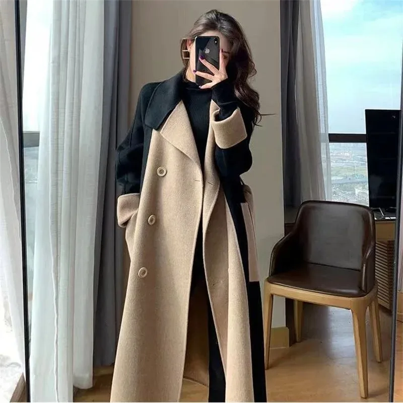 

Chic Woolen Patchwork Trench Coat for Women Double-breasted Cardigan Anti-wrinkle Lapel Winter Coat High Sense Overcoat Outwear