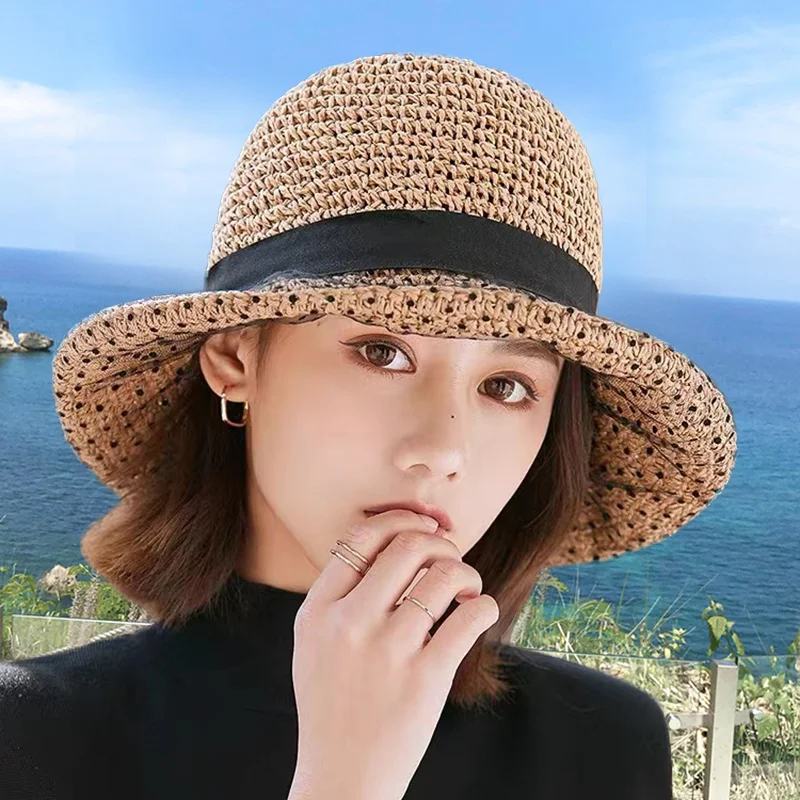 

Women Summer Natural Raffia Hat Girl Fashion Ribbon Floppy Shading Panama Wide Brim lace Sun Hat Vacation Travel Beach Straw Hat