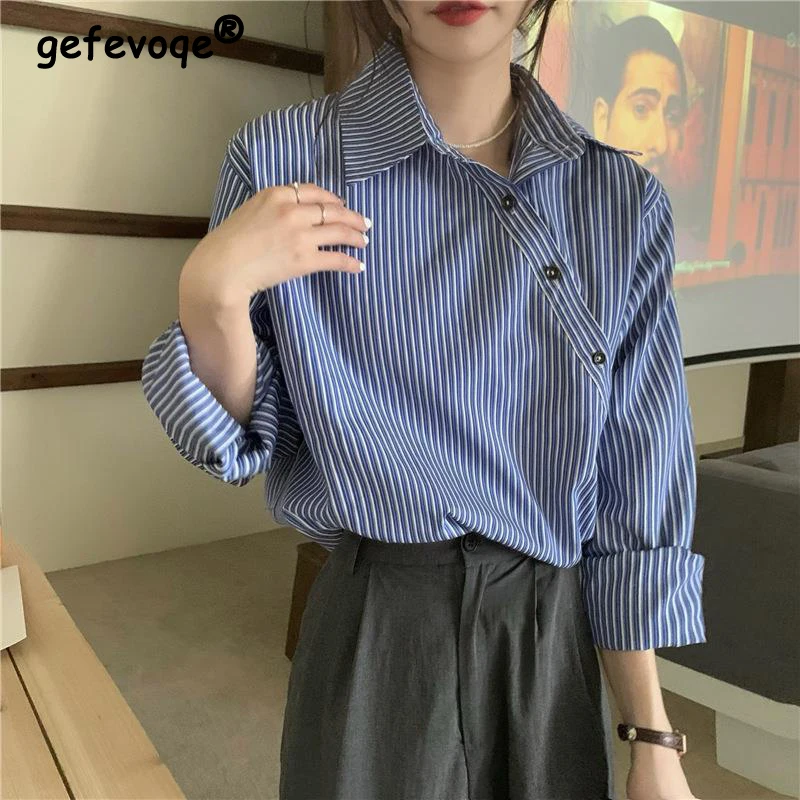 

Women Striped Print Asymmetric Design Chic Streetwear Shirts Trendy Korean Style Sexy Off Shoulder Blouses Long Sleeve Loose Top