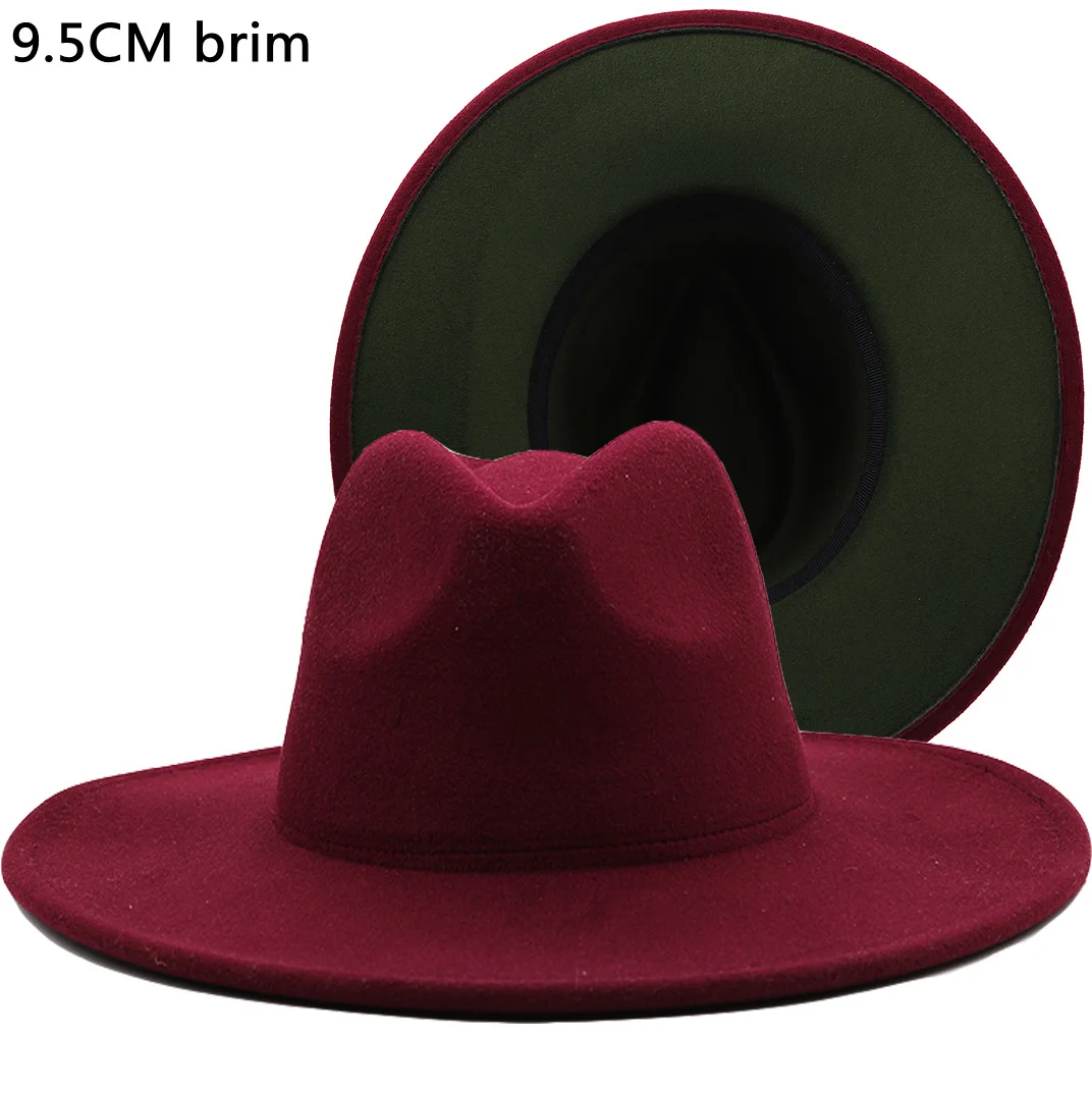 

Outer Wine red Inner green Wool Felt Jazz Fedora Hats with Thin Belt Buckle Men Women 9.5CM Wide Brim Panama Trilby Cap 56-58CM